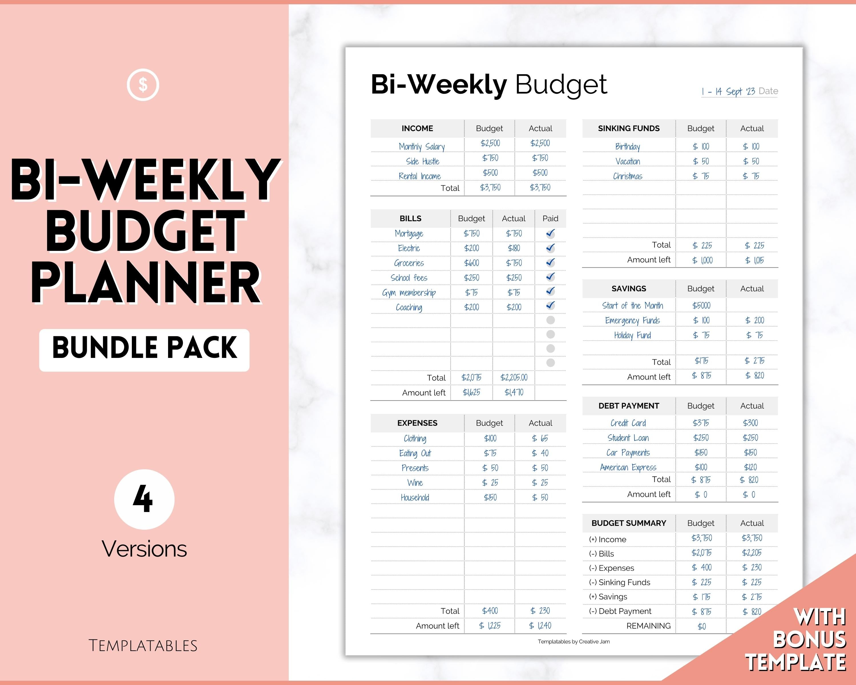 Editable Biweekly Budget Planner Template | Printable Paycheck Tracker,  Finance Planner, Zero Based Budget Binder | Mono, image size:3000x2400