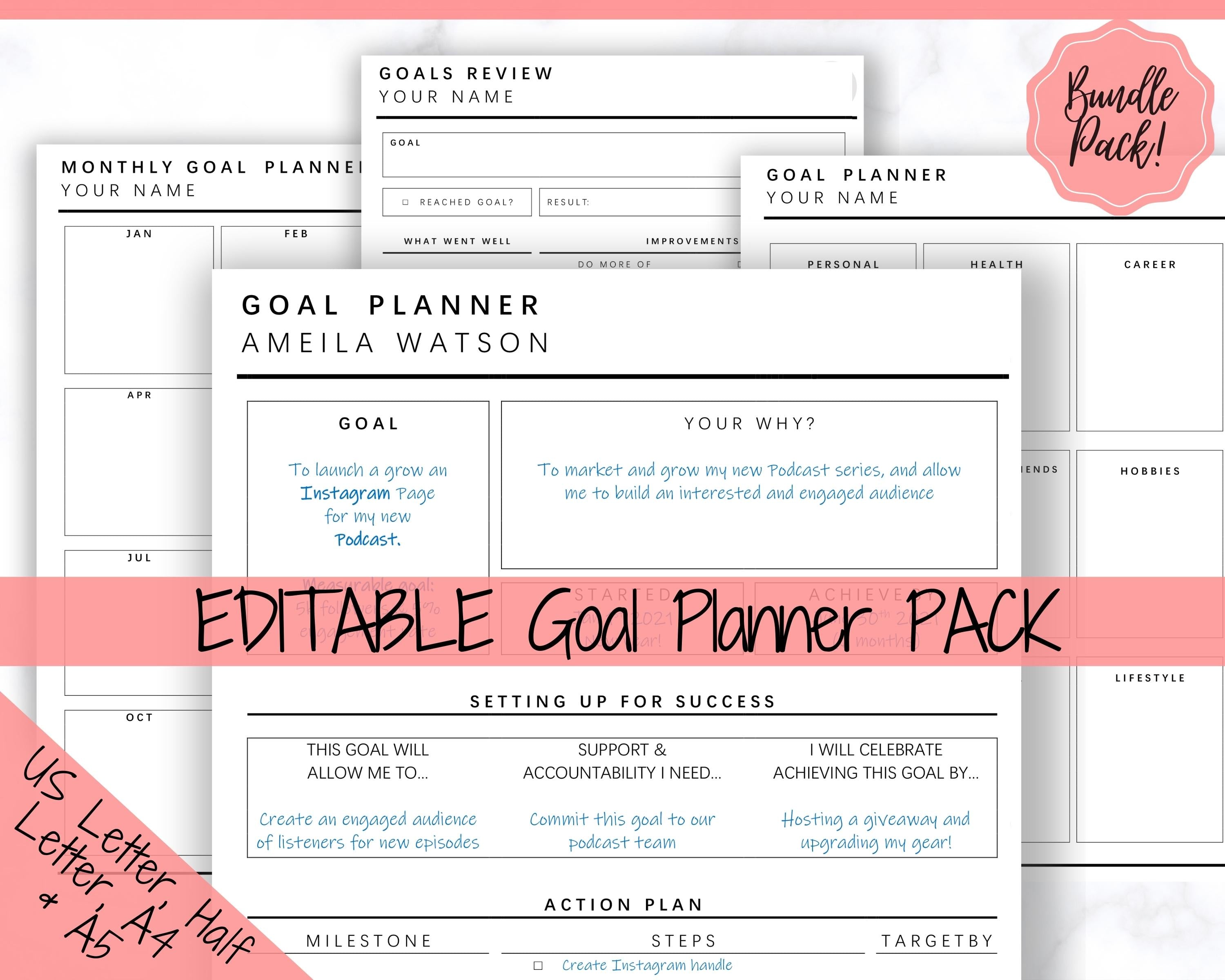 EDITABLE Goal Planner, 2023 Goals Tracker & Planner Kit, Monthly Goals
