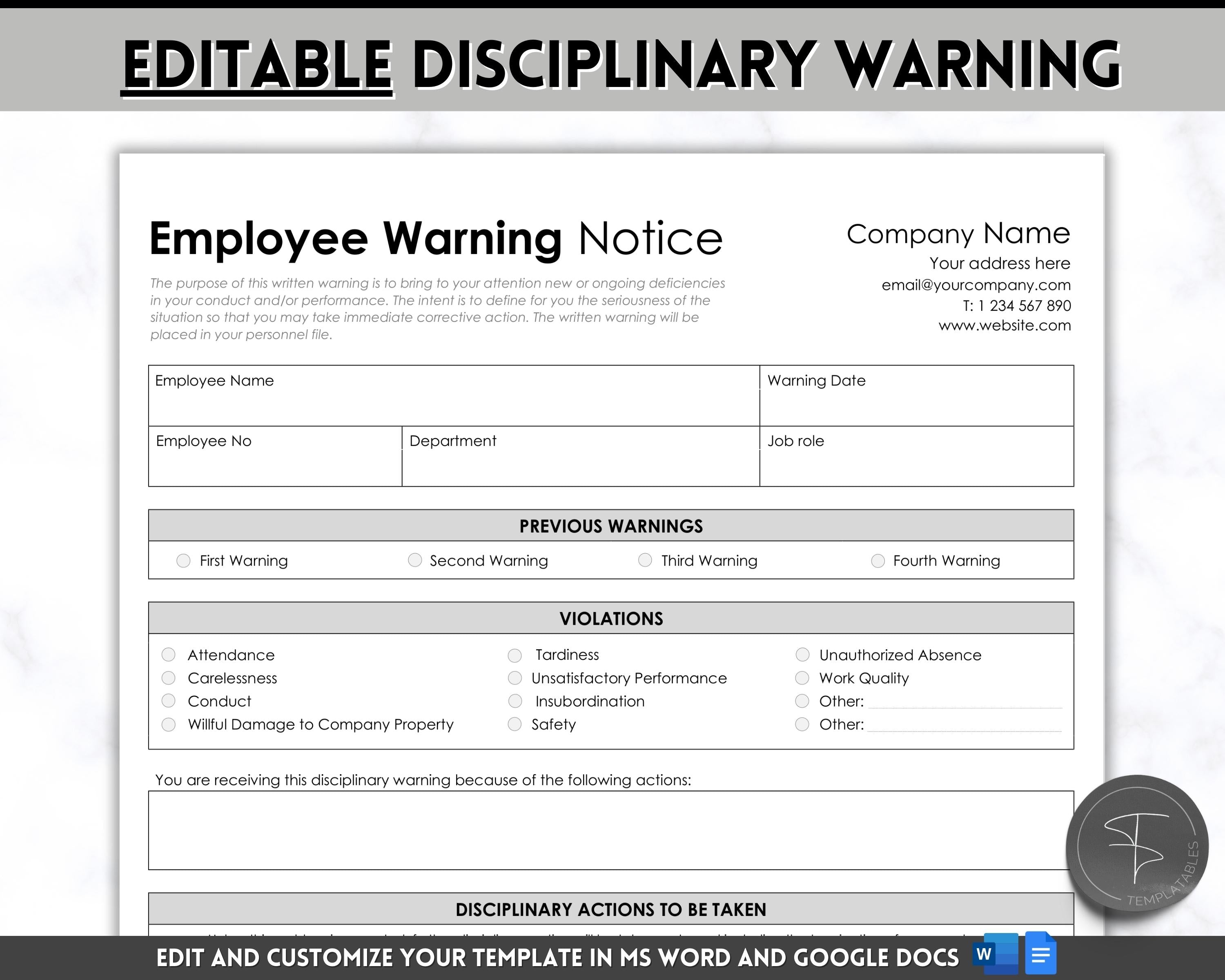 Employee Disciplinary Form EDITABLE Employee Warning Notice Employee Disciplinary Form EDITABLE Employee Warning Notice