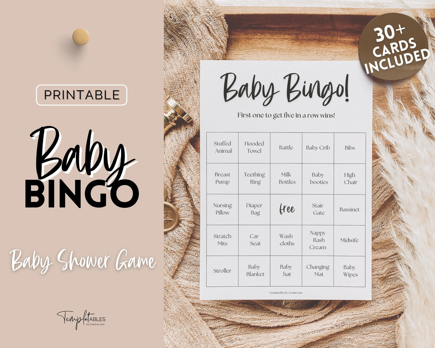 Baby Bingo Cards, 30 Prefilled Baby Shower Game Printables | Trivia Activity for Woodland, Boho, Neutral Theme Baby Showers