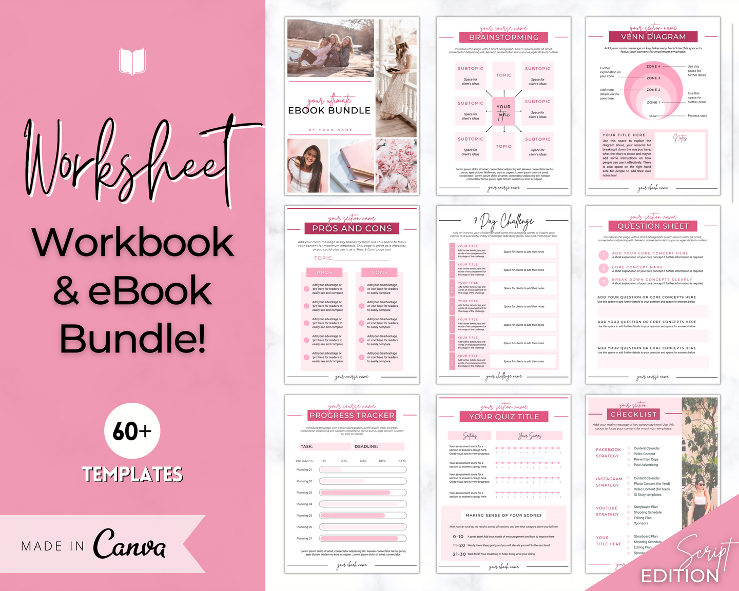 60+ WORKSHEET Template Bundle | Canva Workbook Templates & Lead Magnet for Coaches | Brit Pink