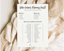 Load image into Gallery viewer, Who knows Mommy Best? Baby Shower Games Printable | Trivia Activity for Woodland, Boho, Neutral Theme Baby Showers