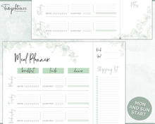 Load image into Gallery viewer, Weekly Meal Planner Printable | Food Diary, Meal Tracker, Food Journal with BONUS Grocery List | Green Eucalyptus