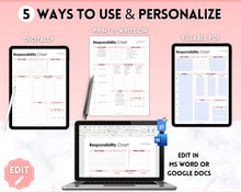 Load image into Gallery viewer, EDITABLE Responsibility Chart | Family Chore Chart, Weekly Adult Routine & Reward Chart for Kids | Pink