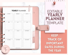 Load image into Gallery viewer, Editable Yearly Planner 2023 | Year at a Glance, Undated Annual To Do List, 12 Month Year in Review Calendar | Mono
