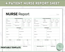 Load image into Gallery viewer, 4 Patient Nurse Report Sheet to Organize your Shifts | Nurse Brain Sheet, ICU Nurse Report Patient Assessment Template | Green