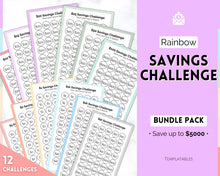 Load image into Gallery viewer, Mini Savings Challenge Printable BUNDLE | 12 Saving Trackers, Cash Envelope, A6 Saving Challenges | Pastel Rainbow