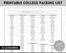 Load image into Gallery viewer, College Packing List Printable | Back to School Moving Checklist for Students, Google Sheets | Mono