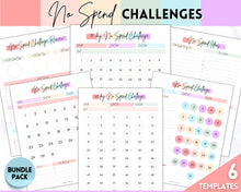 Load image into Gallery viewer, No Spend Challenge BUNDLE | Printable 30 day, 60 day, 90 day Savings Challenge & Monthly Spending Tracker | Pastel Rainbow