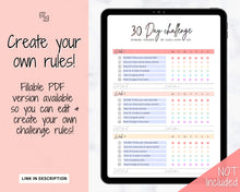 Load image into Gallery viewer, 30 Day Habit Tracker Printable | EDITABLE 30 Day Self Care Fitness Challenge | Pastel Rainbow