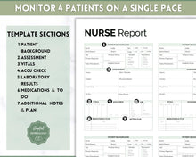 Load image into Gallery viewer, 4 Patient Nurse Report Sheet to Organize your Shifts | Nurse Brain Sheet, ICU Nurse Report Patient Assessment Template | Green