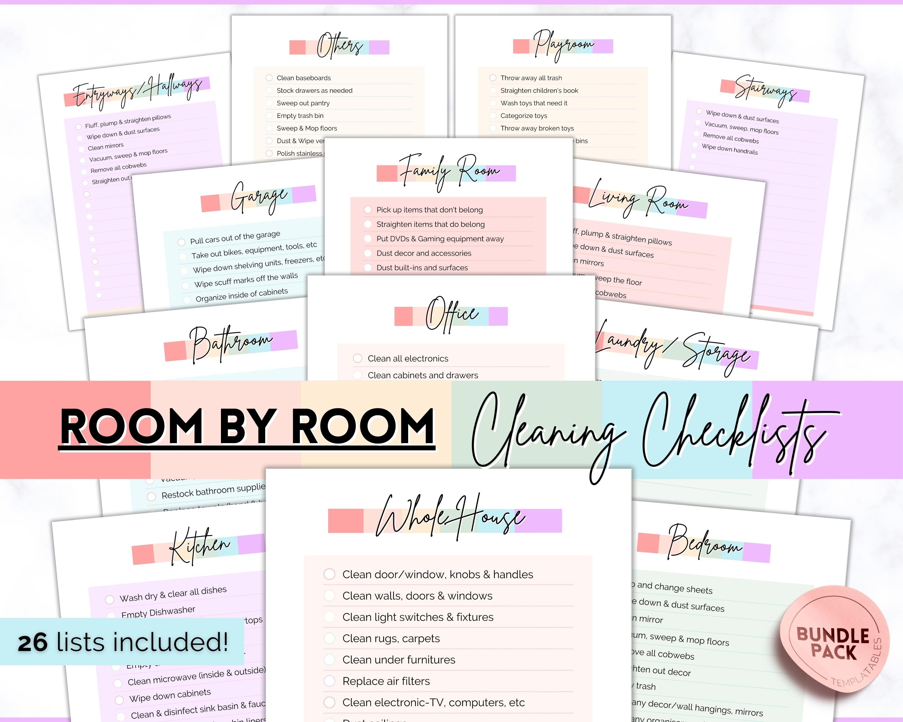 Cleaning Checklist, Printable Room by room Cleaning Cards | Rainbow