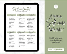 Load image into Gallery viewer, FREE - Self Care Checklist, Self-Care Planner & Selfcare Journal Tracker | Wellness Planner, Daily Wellbeing, Mindfulness, Mental Health Kit | WC Scrawl Green
