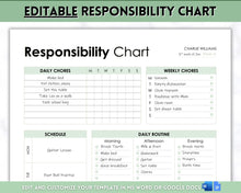 Load image into Gallery viewer, EDITABLE Responsibility Chart | Family Chore Chart, Weekly Adult Routine & Reward Chart for Kids | Green