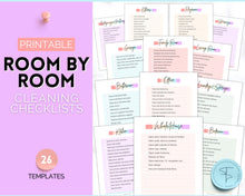 Load image into Gallery viewer, Cleaning Checklist, Printable Room by room Cleaning Cards | Family & Kids Cleaning Schedule Planner & Tracker | Pastel Rainbow