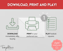 Load image into Gallery viewer, Printable Football Squares for the Superbowl | Football Betting Games, Super Bowl Squares, Football Fundraiser | 4 Color Bundle
