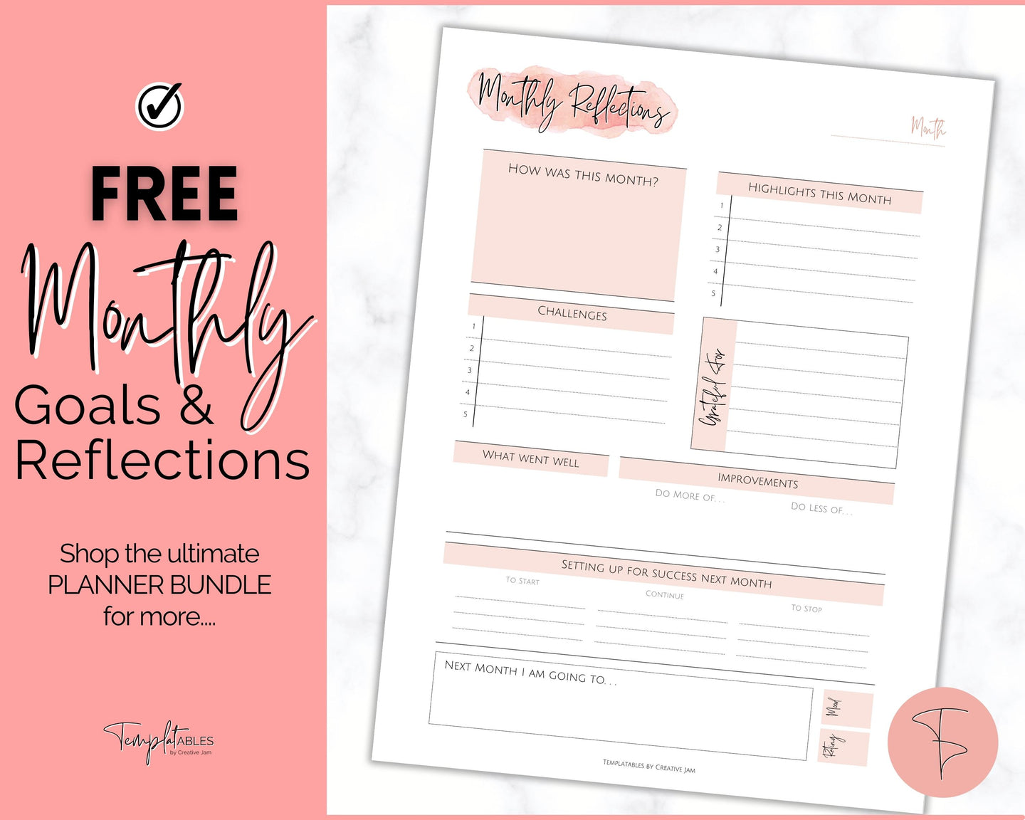 FREE - Monthly Goals & Reflections Printables | Pink Watercolor