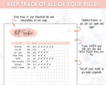 Load image into Gallery viewer, Bill Payment Tracker Printable | Monthly Bill Organizer, Checklist & Calendar | Pink Watercolor