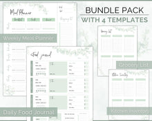 Load image into Gallery viewer, Meal Planner BUNDLE | Weekly Food Diary, Meal Tracker Printable & Daily Food Journal | Green Eucalyptus