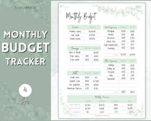 Load image into Gallery viewer, Monthly Budget Planner Printable | Financial Income, Expenses, Debt, Paycheck & Savings Tracker Template | Green Eucalyptus