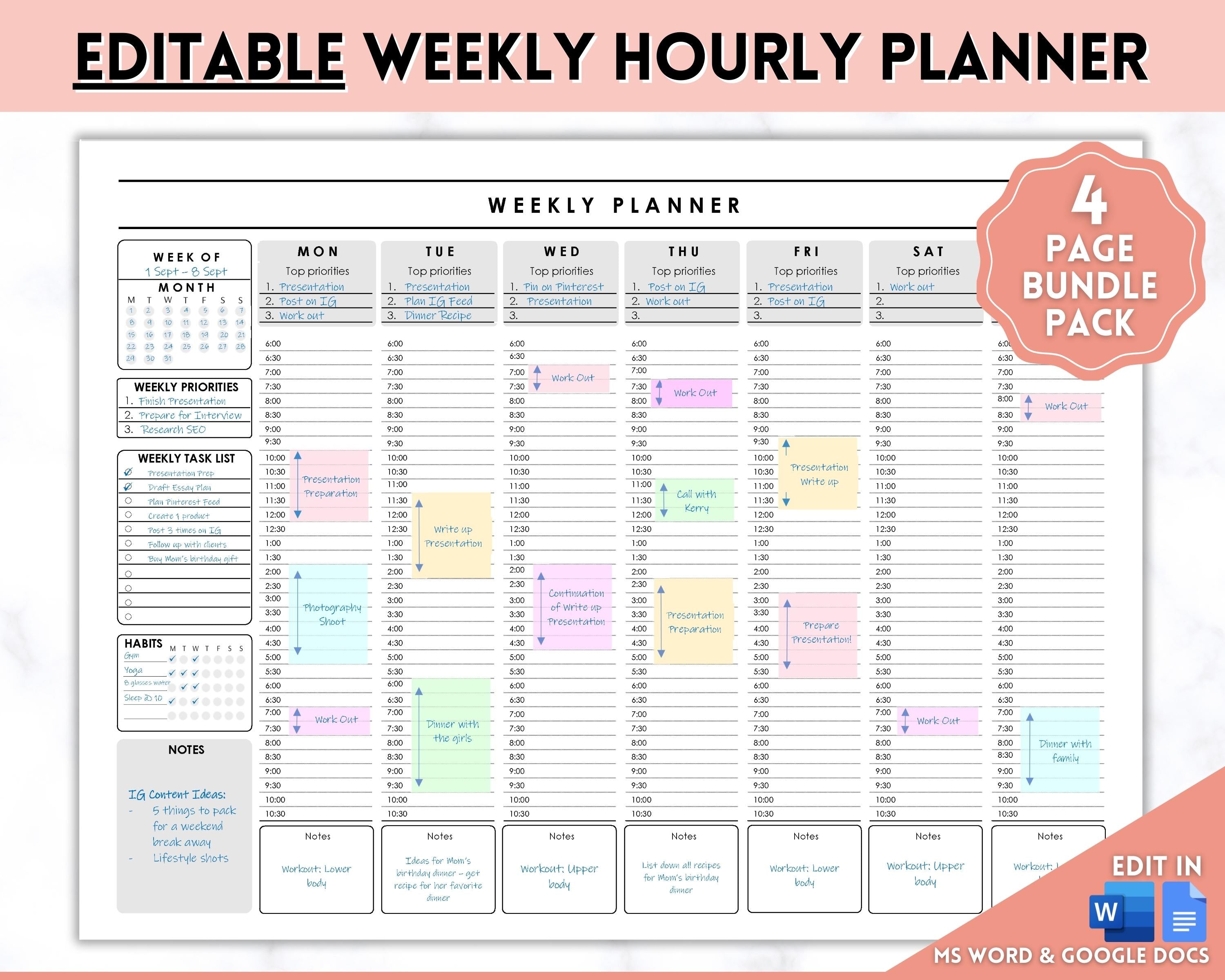 Editable Weekly Planner Schedule | Daily Hourly Planner Organizer 2023