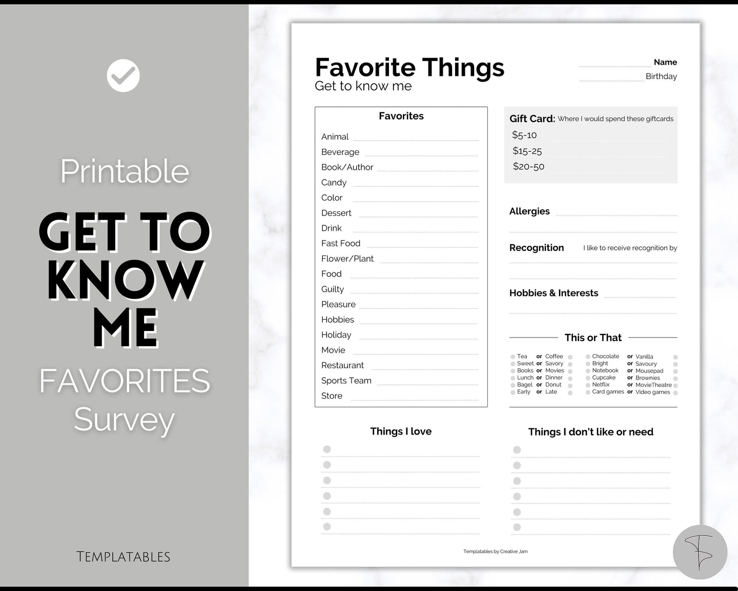 Get To Know Me Printable Game |  Get To Know You Ice Breaker Game | Employee Favorite Things, Team Building, Christmas Party | Mono