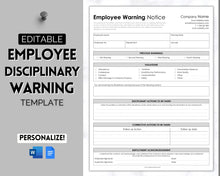 Load image into Gallery viewer, Employee Disciplinary Form | EDITABLE Warning Notice for Small Business Human Resources | Employee Write Up, HR Performance Discipline Forms