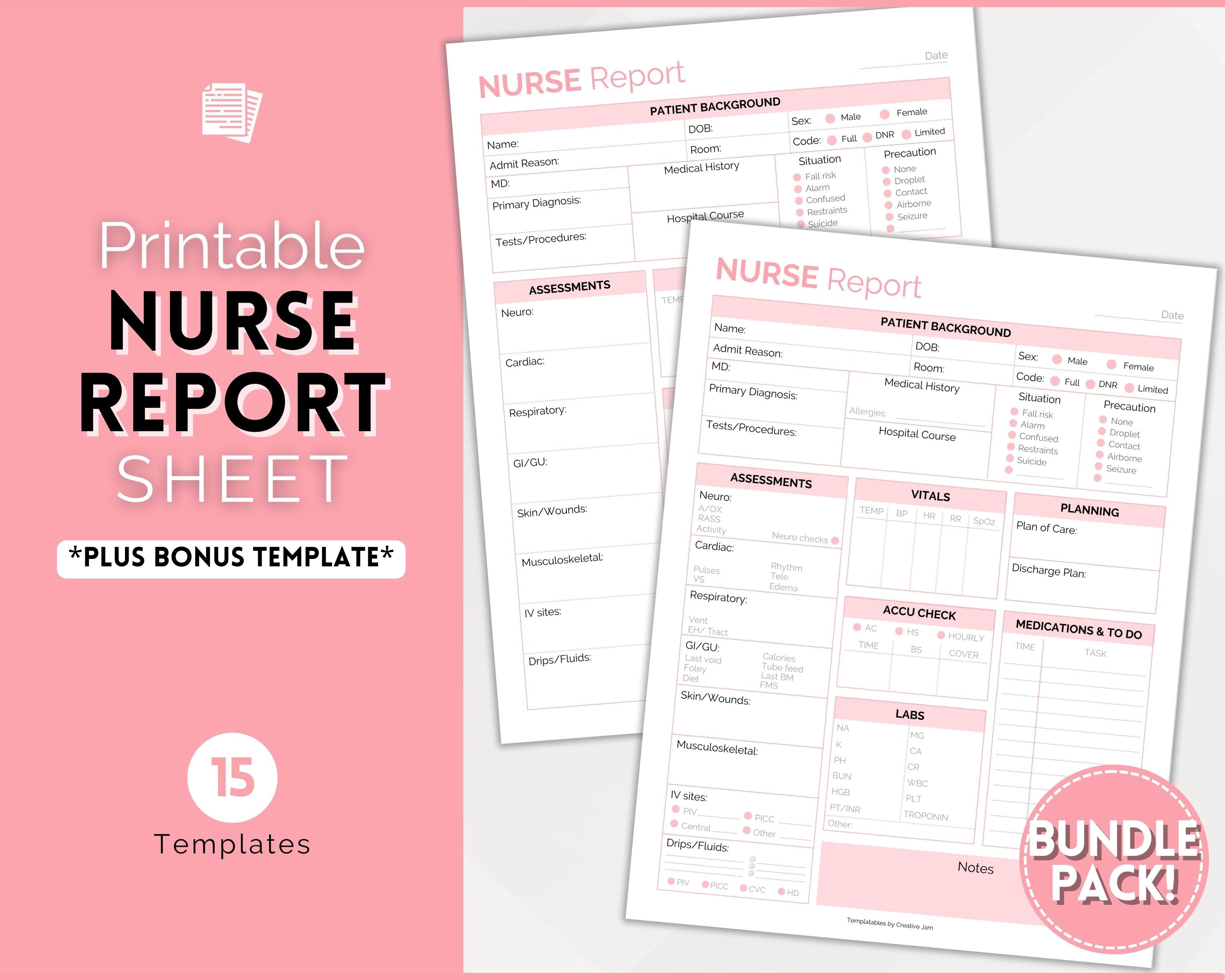 Nurse Report Sheet Bundle | Brain Sheet & Patient Assessment Printable