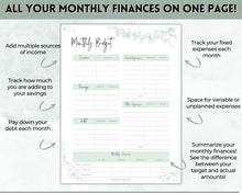 Load image into Gallery viewer, Monthly Budget Planner Printable | Financial Income, Expenses, Debt, Paycheck & Savings Tracker Template | Green Eucalyptus