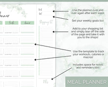 Load image into Gallery viewer, Meal Planner BUNDLE | Weekly Food Diary, Meal Tracker Printable & Daily Food Journal | Green Eucalyptus