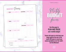Load image into Gallery viewer, Monthly Budget Planner Printable | Financial Income, Expenses, Debt, Paycheck & Savings Tracker Template | Brit Pink
