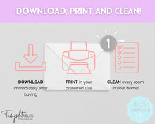 Load image into Gallery viewer, Cleaning Checklist, Printable Room by room Cleaning Cards | Family & Kids Cleaning Schedule Planner & Tracker | Pastel Rainbow