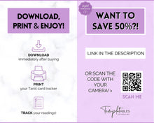Load image into Gallery viewer, Tarot Card Trackers & Monthly Readings | Learn Tarot Card Readings, Tarot Spreads | Beginner Tarot Planner Workbook, Grimoire & Cheat Sheets | Purple