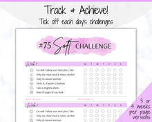 Load image into Gallery viewer, EDITABLE 75 SOFT Challenge Tracker | 75soft Printable Challenge, Fitness & Health Planner | Purple Watercolor