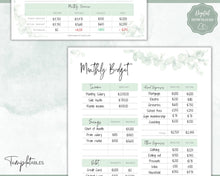 Load image into Gallery viewer, Monthly Budget Planner Printable | Financial Income, Expenses, Debt, Paycheck & Savings Tracker Template | Green Eucalyptus