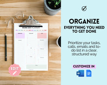 Load image into Gallery viewer, Work Planner & Work Day Organizer | Editable Daily Planner, Work From Home To Do List Printable & Digital Schedule | Pastel Rainbow
