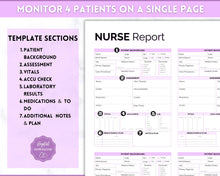 Load image into Gallery viewer, 4 Patient Nurse Report Sheet to Organize your Shifts | Nurse Brain Sheet, ICU Nurse Report Patient Assessment Template | Purple