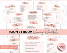 Load image into Gallery viewer, Cleaning Checklist, Printable Room by room Cleaning Cards | Family & Kids Cleaning Schedule Planner & Tracker | Pink Watercolor