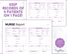 Load image into Gallery viewer, 4 Patient Nurse Report Sheet to Organize your Shifts | Nurse Brain Sheet, ICU Nurse Report Patient Assessment Template | Purple