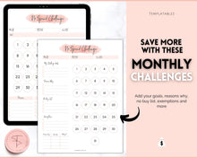 Load image into Gallery viewer, No Spend Challenge BUNDLE | Printable 30 day, 60 day, 90 day Savings Challenge & Monthly Spending Tracker | Pink Watercolor