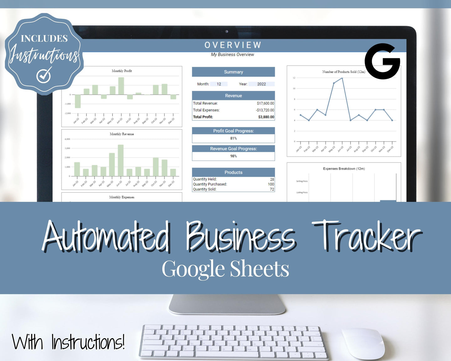 Small Business Bookkeeping Spreadsheet | Google Sheets Automated Business Expense Tracker & Product Invetory Tracker | Blue