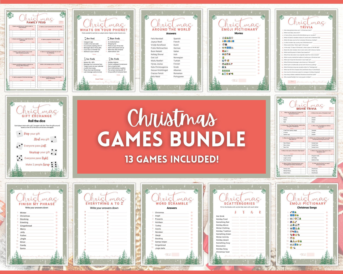 Holiday Party Games Bundle | 13 Fun Family Christmas Game Printables | Green