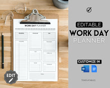 Load image into Gallery viewer, Work Planner & Work Day Organizer | Editable Daily Planner, Work From Home To Do List Printable & Digital Schedule | Mono