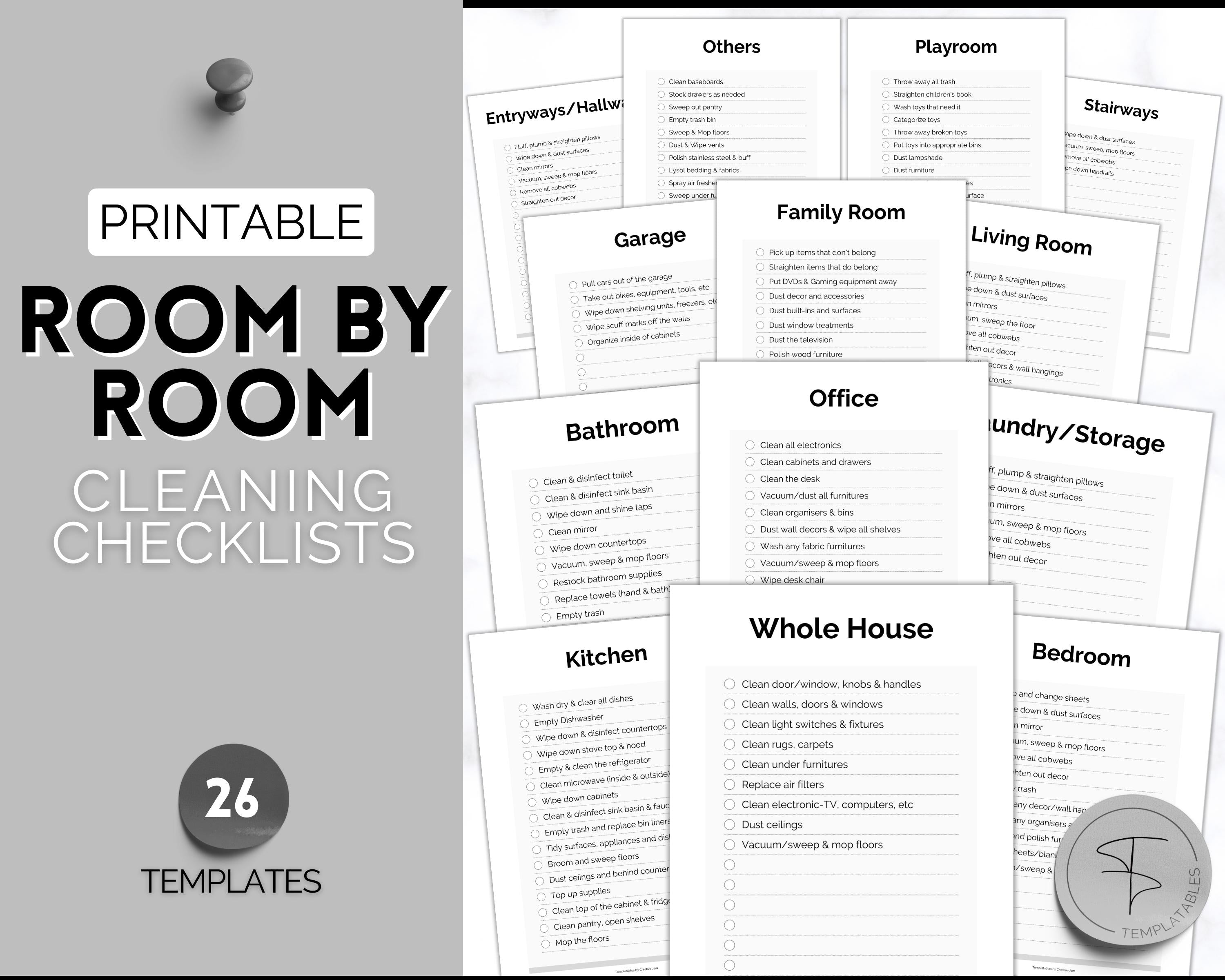 Cleaning Checklist, Printable Room by room Cleaning Cards Mono