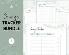 Load image into Gallery viewer, Savings Tracker BUNDLE | Income, Expenses, Savings & Bill Tracker Printables, Personal Finance Planner Binder | Green Eucalyptus