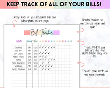 Load image into Gallery viewer, Bill Payment Tracker Printable | Monthly Bill Organizer, Checklist & Calendar | Pastel Rainbow