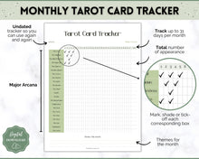Load image into Gallery viewer, Tarot Card Trackers & Monthly Readings | Learn Tarot Card Readings, Tarot Spreads | Beginner Tarot Planner Workbook, Grimoire & Cheat Sheets | Green