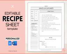Load image into Gallery viewer, EDITABLE Recipe Sheet Template | Recipe Book, Cards &amp; Cookbook Binder, 8.5x11 Food Planner Journal | Style 4
