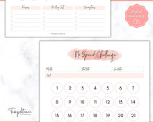 Load image into Gallery viewer, No Spend Challenge BUNDLE | Printable 30 day, 60 day, 90 day Savings Challenge & Monthly Spending Tracker | Pink Watercolor