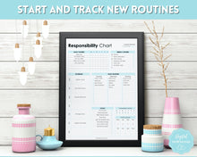 Load image into Gallery viewer, EDITABLE Responsibility Chart | Family Chore Chart, Weekly Adult Routine & Reward Chart for Kids | Blue